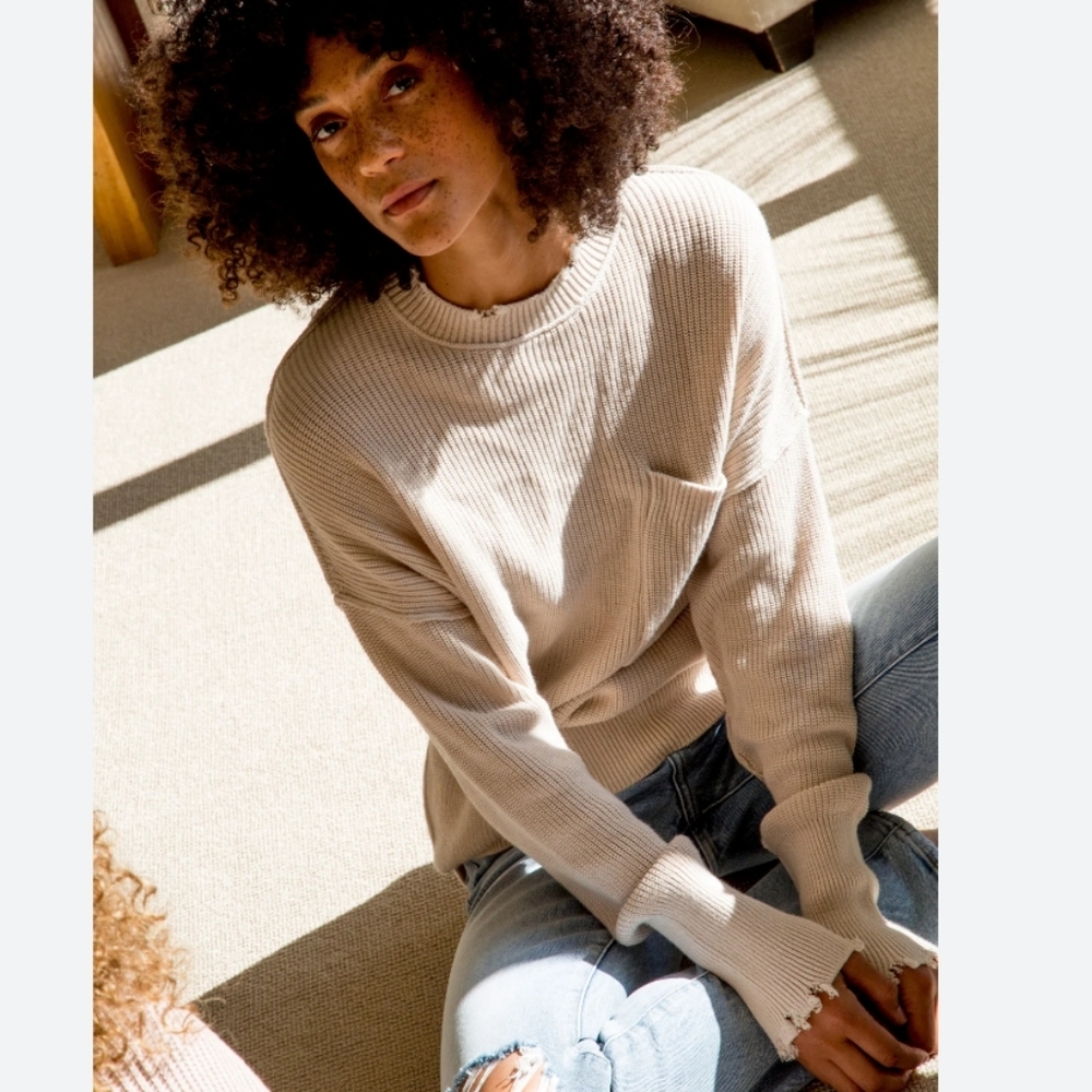 Pistola Daria Long Sleeve Crewneck   Distressed Pocket Cotton Sweater Cream Sz S
